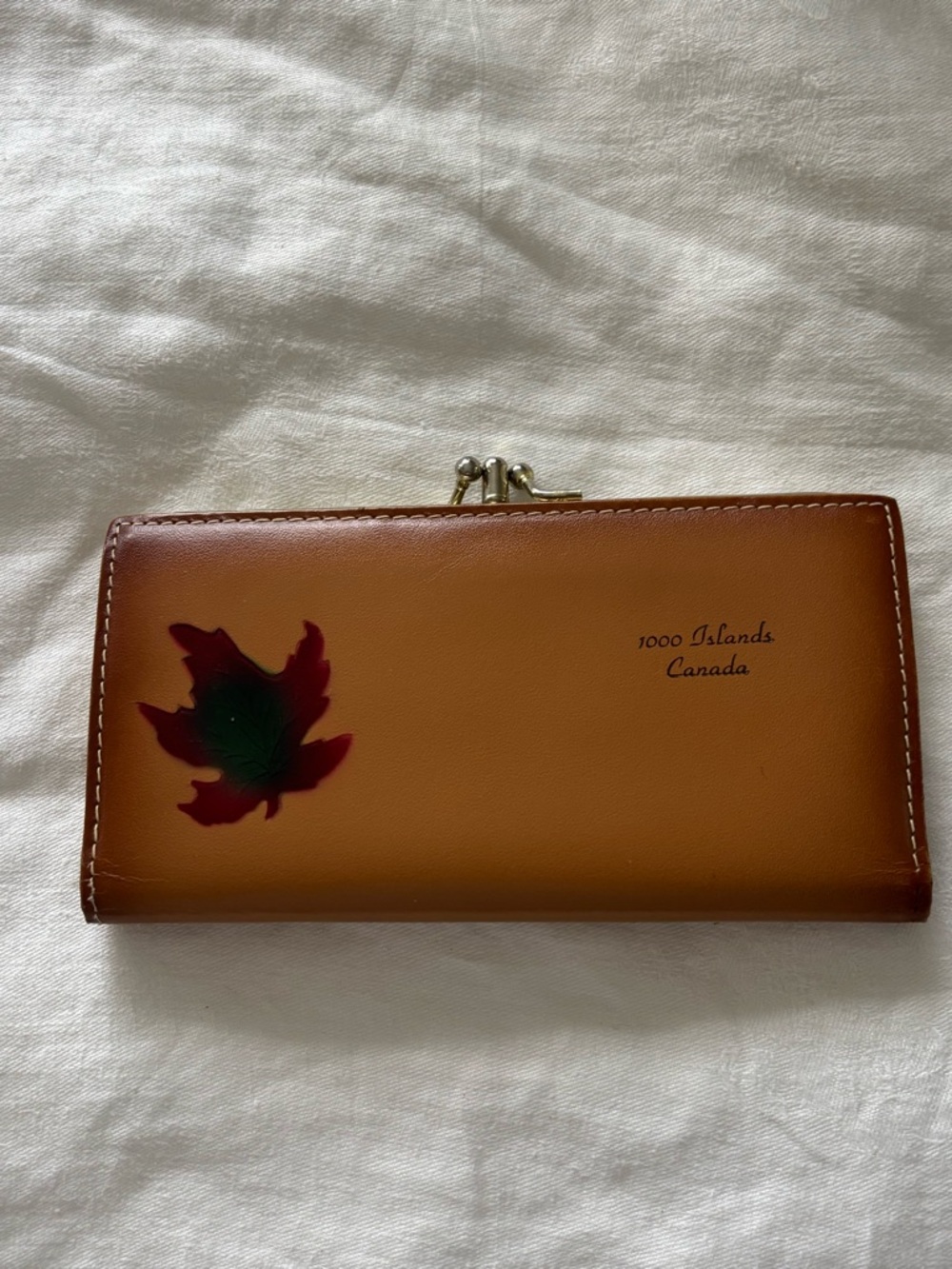 Tan Leather Clasp Wallet with Leaf Accent